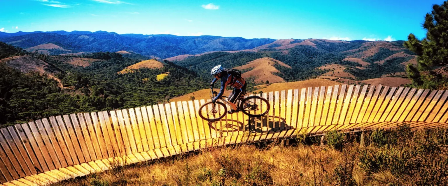 Cyclist on the bike path, in the mountains, sunny day
