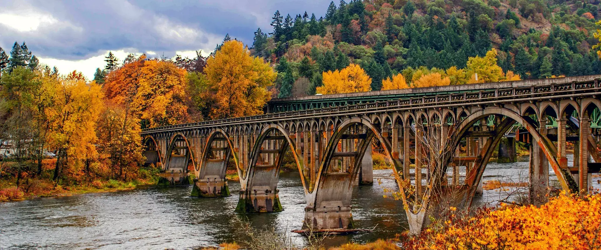 Bridge over the river in autumn scenery